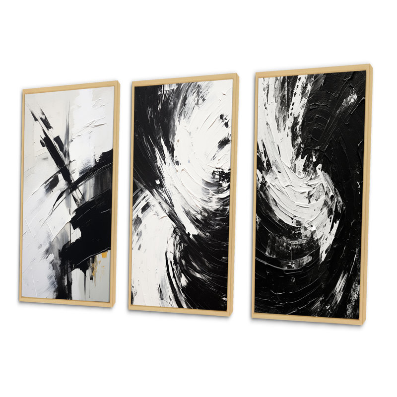 The Other Side Minimal Black & White Abstract III - Abstract Painting Art Set Of 3 Pieces, Encadré naturel, H 28 po x l 36 po