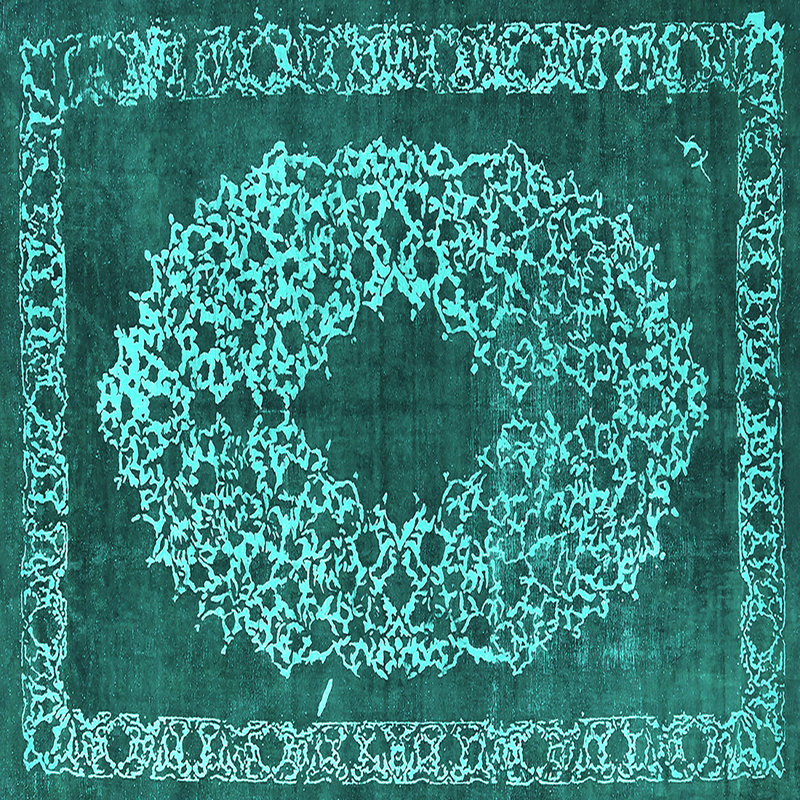 Tapis oriental en laine / polyester tissé à la machine en turquoise / gris, Carré 5 pi