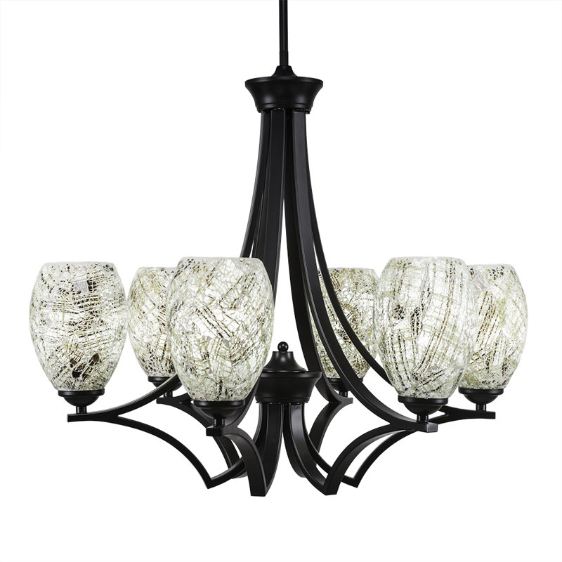 Zilo 6 Light Uplight Chandelier Shown In Graphite Finish With 5" Black Fusion Glass, Graphite, Natural