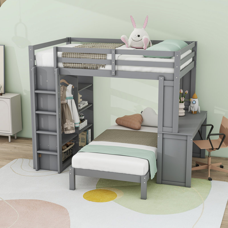 Lit superposé en bois avec bureau intégré et tablettes, Tailles de lit – double TG sur simple, gris