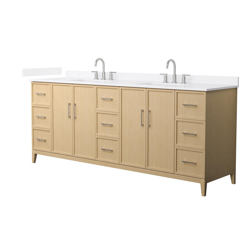 Elan 84-Inch Double Vanity in White Oak with Nickel Trim and White Quartz Top