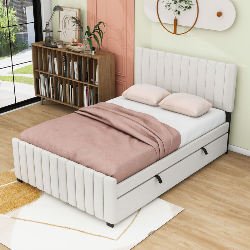 Lit plateforme double en bois avec lit gigogne Vale, Beige