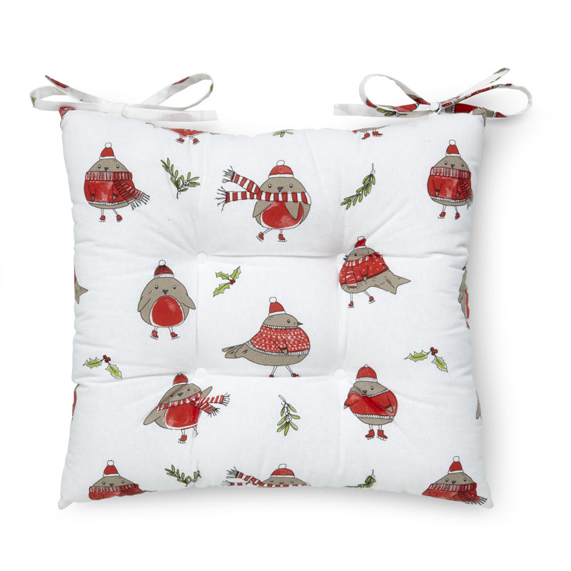 Christmas Robins Cotton 40x40cm Seat Pad Pair White Red