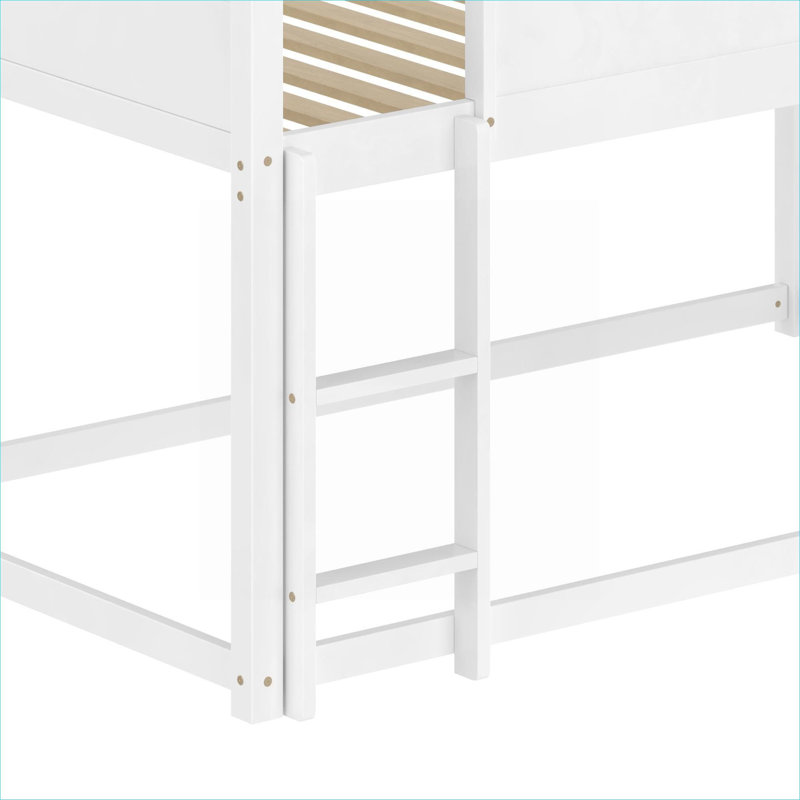 Structure de lit superposé simple au-dessus d'un lit simple pour chambre d'enfant avec échelle coulissante convertible et garde-corps en pin massif blanc