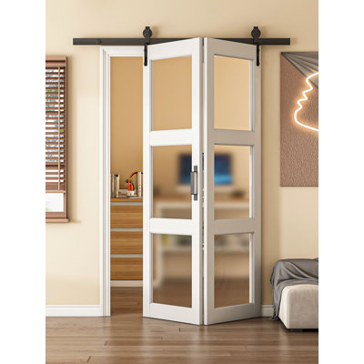 24'' x 84''  (Double 12"x 84" 3 Lite Frosted Glass) BiFold Frosted Glass Barn Door Paintable Frosted Glass Bi-Fold Sliding Barn Door, Pre-Assembled Solid Core Panel Bifold Barn Door with Hardware Kit Included, Water-Resistant Primed