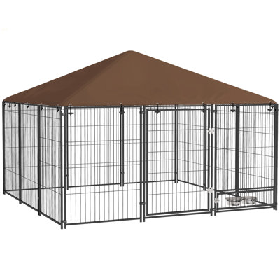 Pawhut Outside Dog Kennel, 6.9' X 6.9' X 5' Puppy Play Pen With Canopy, Garden Playpen Fence Crate Enclosure Cage Rotating Bowl, Coffee