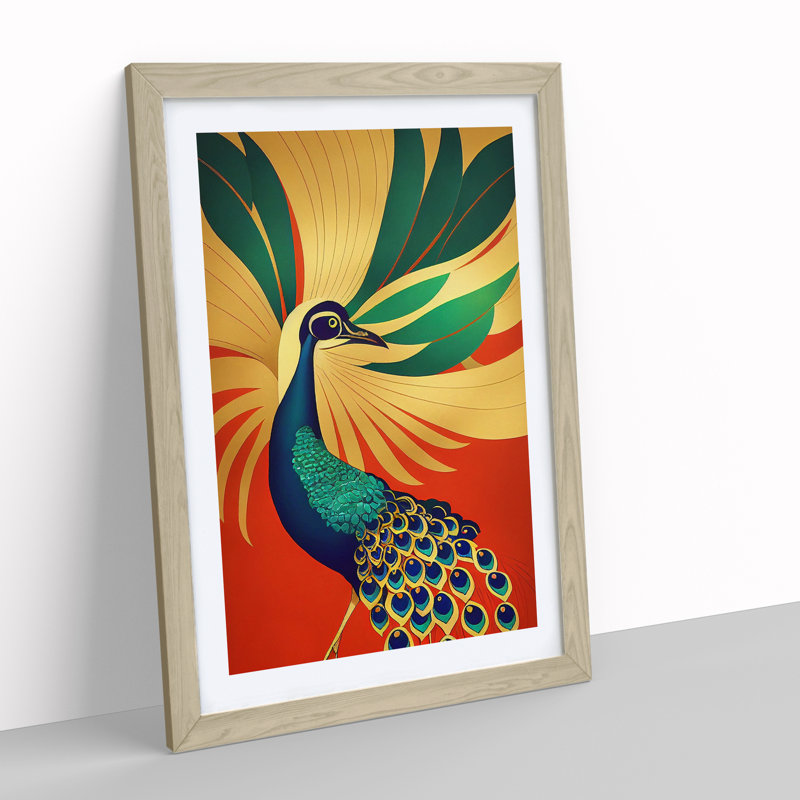 Peacock Art Deco No.1 - Single Picture Frame Print, Oak Framed, 64cm H x 46cm W x 2cm D