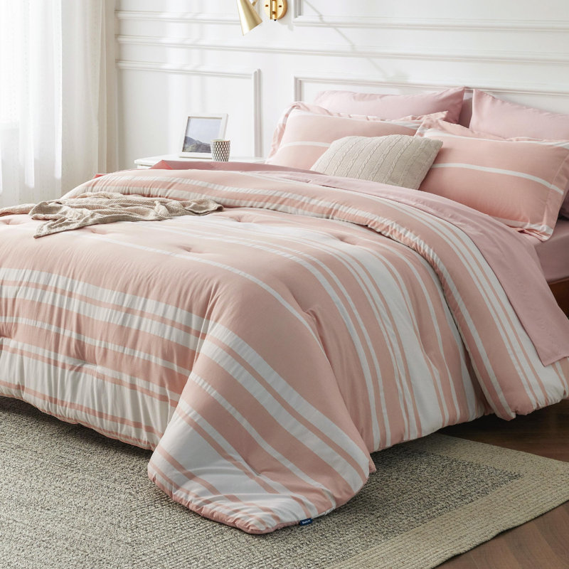 Bedsure Striped All Season Comforter Set, Queen Comforter + 6 Additional Pieces, Light Pink