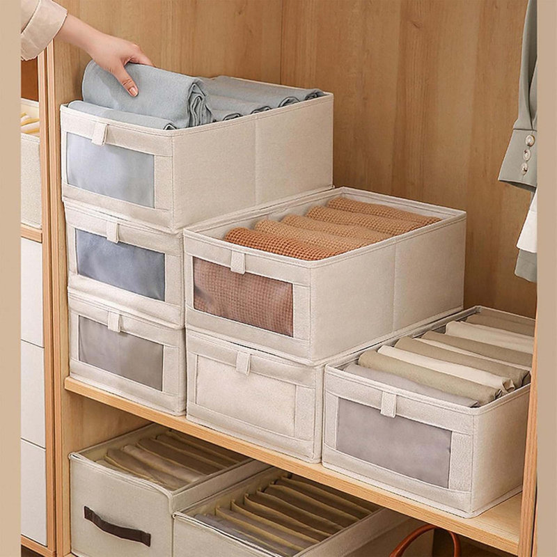 Linen Closet Organizer Bins – 4 Pack Foldable Storage Baskets With Clear Window, Medium, Beige, Bedroom Use