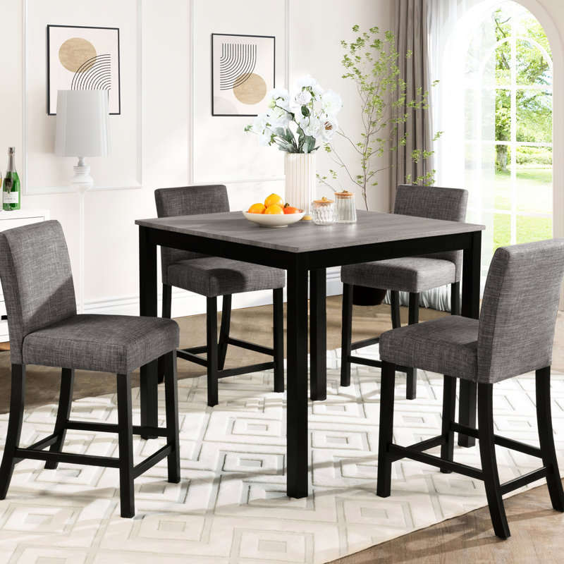 5 sièges de cuisine à hauteur de comptoir, gris et noir, fabrication, chaises rembourrées confortables, table à économie d'espace avec 4 et dessus, coussins de siège, design