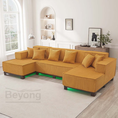 Modern U-Shaped Sectional Sofa 130" Sectional Sofa Upholstered Sofa with RGB LED Light Strip and 6 Pillows for Living Room, Orange