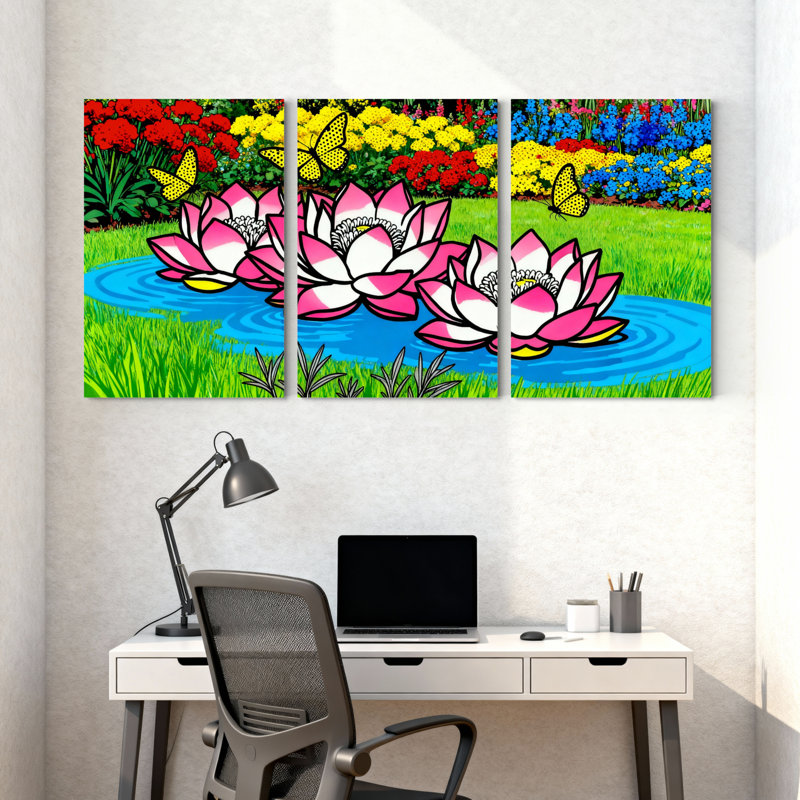 Ensemble de 3 tableaux sur toile tendue représentant un jardin de nénuphars et de papillons, H 18 po x l 36 po