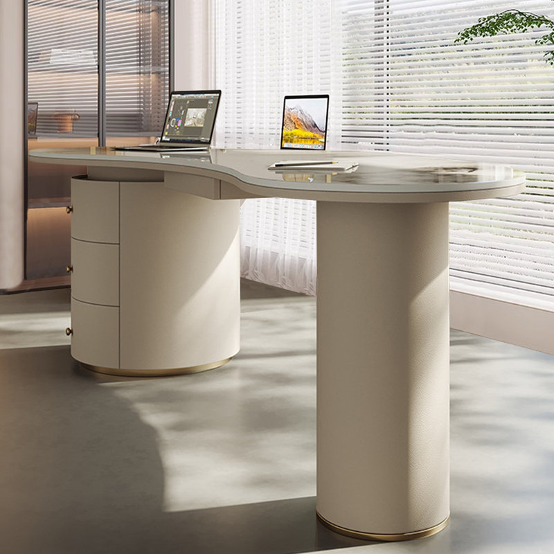 Bureau en pierre beige avec 3 tiroirs, H 29,53 po x l 70,87 po x P 29,53 po