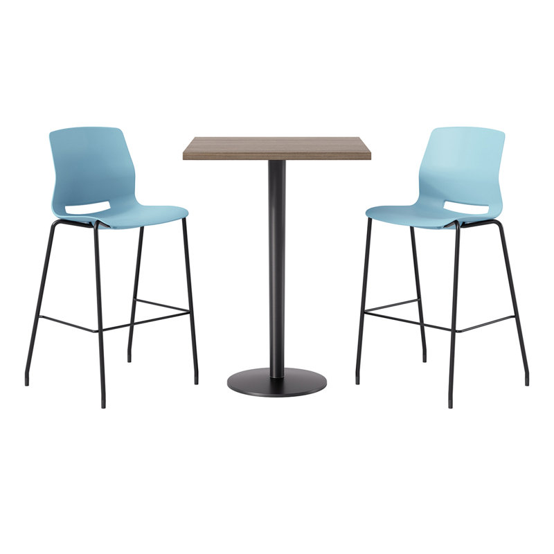 KFI Studios Square 30" x 30" x 41"H Bistro Table Set, 1 Table, 2 Stools, White Table, Grey Shell, Blue/Black, Studio Teak