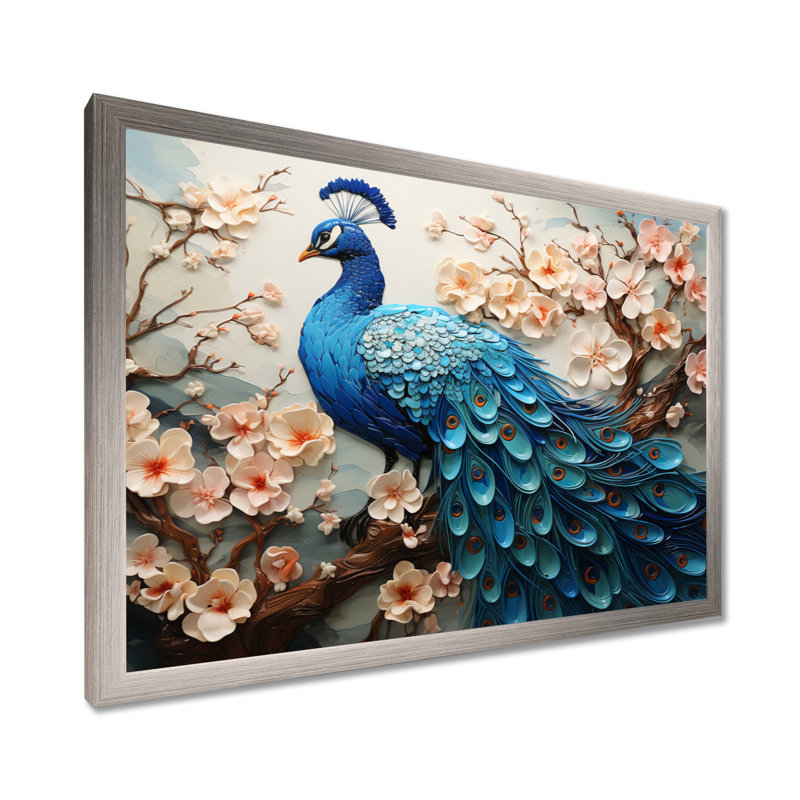 «Flower Peacock S Vibrant Show II», art mural sur toile paon, Cadre simple argenté, H 24 po x l 32 po x P 1 po