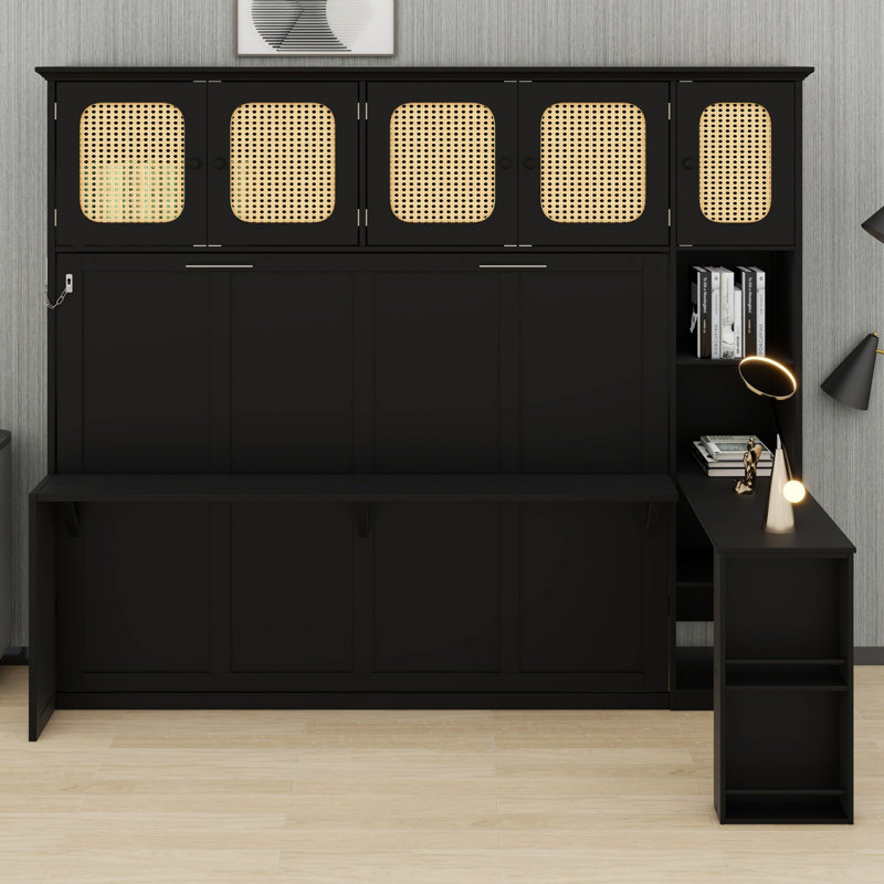 Bureau à lit escamotable contemporain et armoires de rangement en rotin, Noir