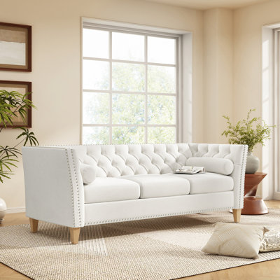Elegant Transitional 3-Seat Sofa With Flared Arms, Nailhead Trim & Solid Wood Legs, Comfortable Couch For Living Room & Home Office