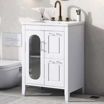 Meuble-lavabo de 24 po avec lavabo, deux tiroirs, porte, tablette réglable, bois d'hévéa massif, verre, blanc, style moderne, rebord plat intégré, finition peinte, forme rectangulaire, autoportante,