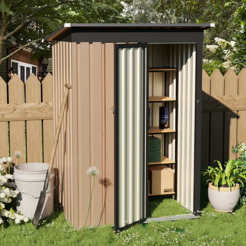 4.27Ft X2.42Ft Metal Garden Shed 5 X 3 Ft Pent Roof With Hinge Door, Frame, , Space For Bicycles And Outdoor Items High-Strength Galvanized Metal,