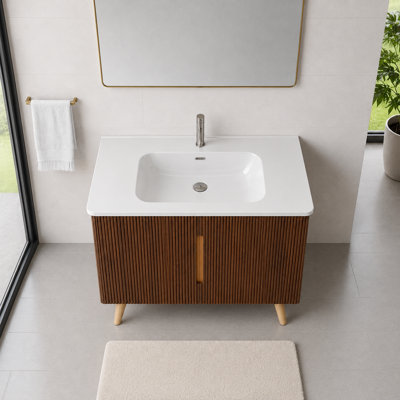 Meuble-lavabo autoportant en noyer rayé de 36 pouces avec lavabo en céramique, un trou de robinet, grande armoire de rangement, KD
