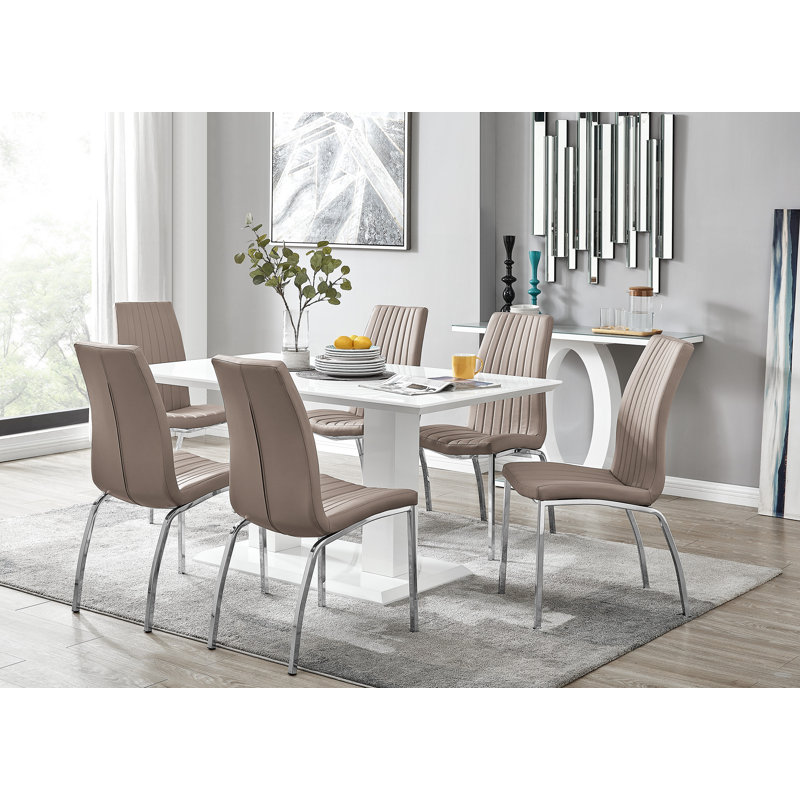 Edzard Double Pedestal High Gloss Dining Table Set with 6 Soft Touch Faux Leather Dining Chairs, Cappuccino Beige