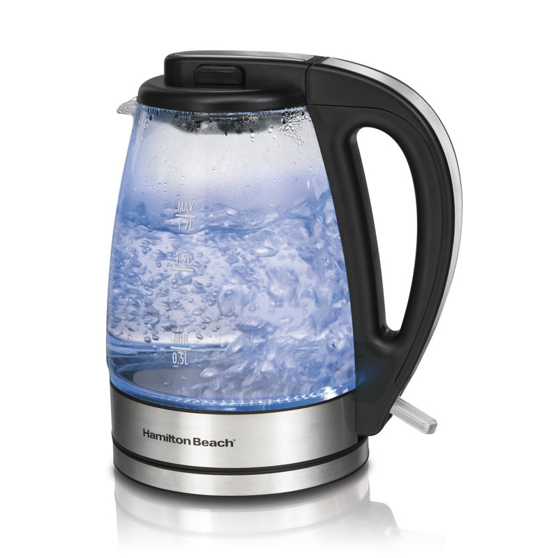Hamilton Beach 1.7 L Glass Electric Kettle for Tea and Water, Cordless, LED Indicator, Auto-Shutoff and Boil-Dry Protection, Brushed Metal (40865), Clear