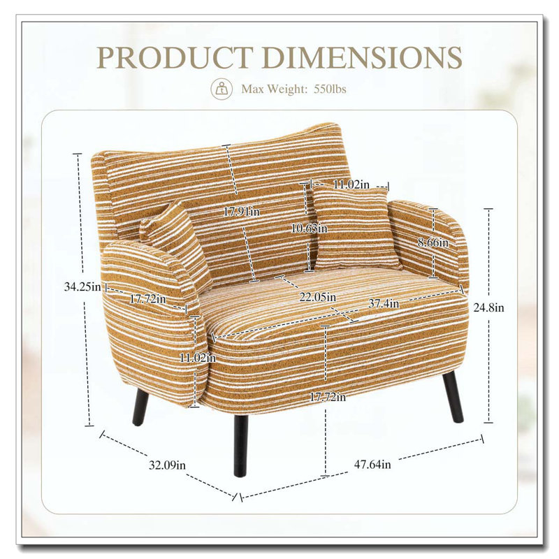 Canapé 2 places pour salon et chambre à coucher Canapé rembourré compact, Jaune moutarde