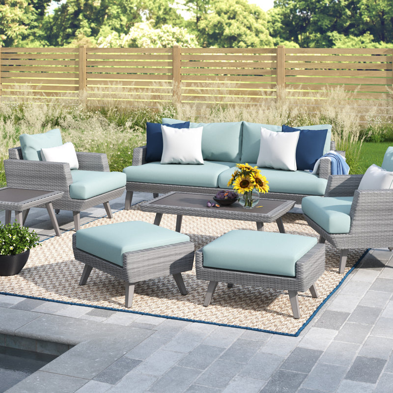 Ehrenfried 5 - Person Patio Conversation Set with Sunbrella® Cushions, Gray Frame/Spa Blue Cushion