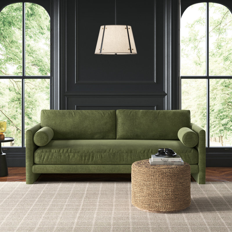 Distressed Green Velvet 90.5'' Upholstered Sofa with Bolster Pillows