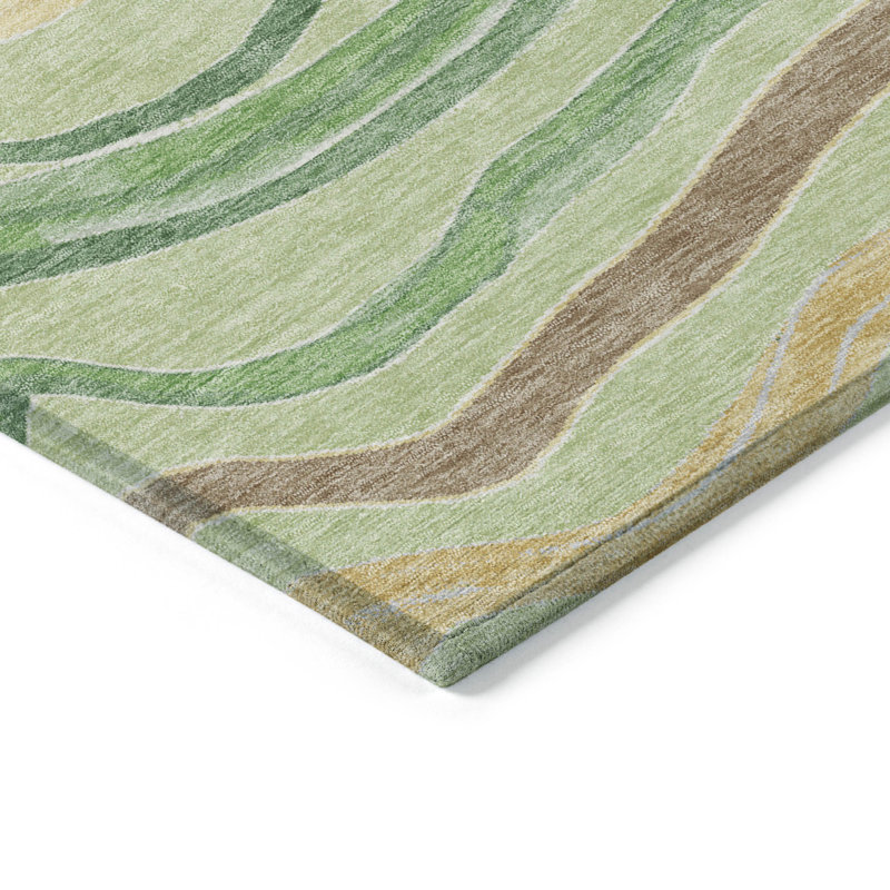 Green and Beige Synthetic Stripe Washable Indoor/Outdoor Rug