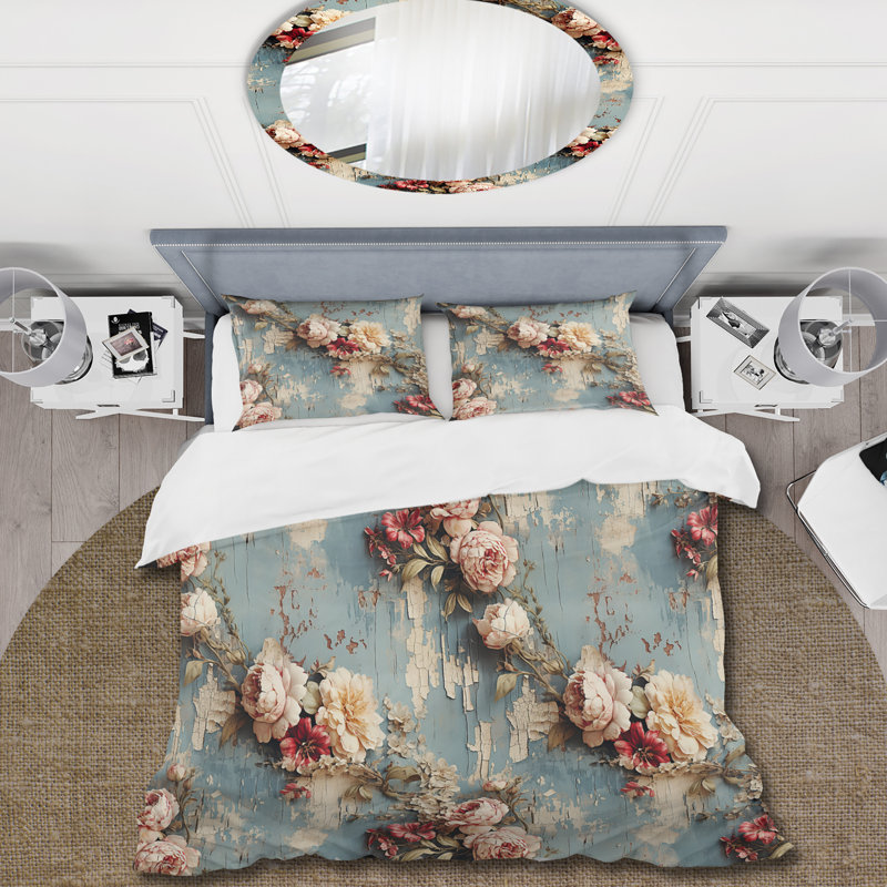 Literie rose romantique avec pivoines I, Housse de couette pour grand lit et 2 taies décor