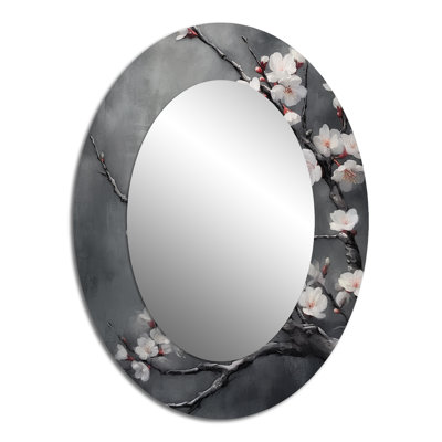 Cerisier en fleurs blanc sur 20 nuances de gris - Miroir décoratif floral ovale sur métal
