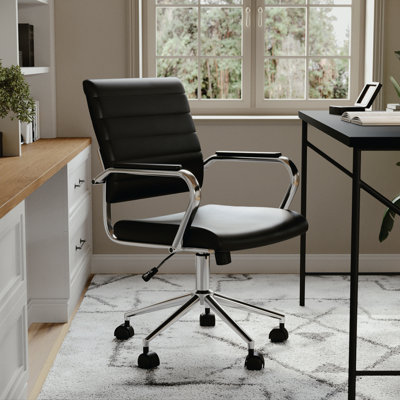 Martha Stewart Piper Upholstered Ribbed Faux Leather Swivel Home Office Chair with Armrests