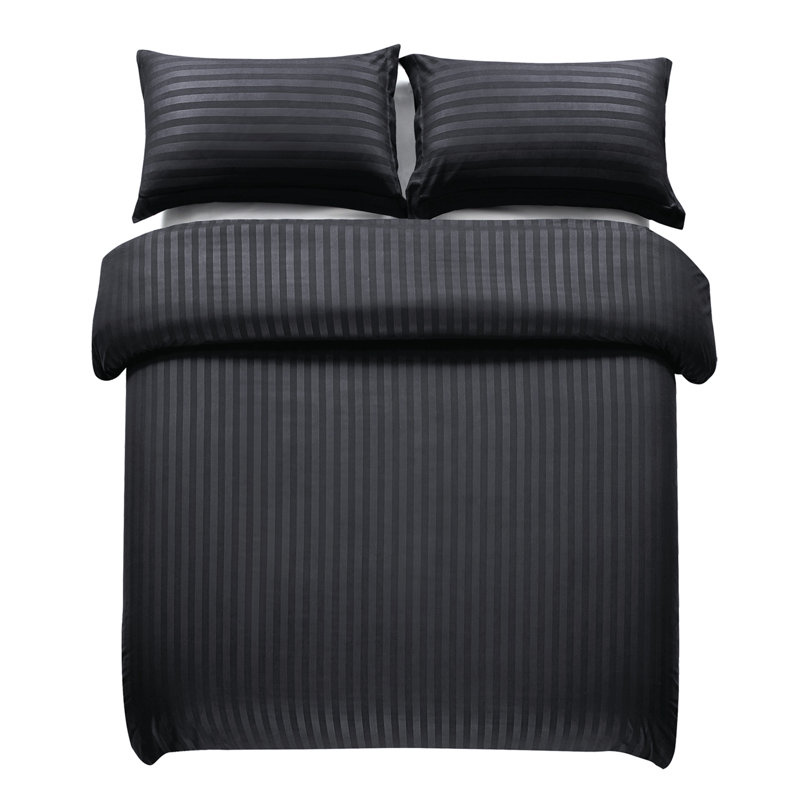 Microfiber Striped Bedding with Pillowcases, Black, Double Duvet Cover + 2 Standard Pillowcases