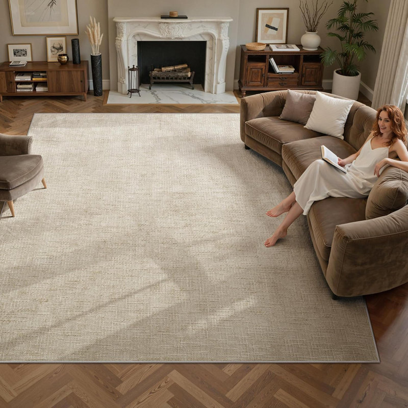 Washable 8'X10' Beige Area Rug - Non-Slip High-Low Pile Textured Rug For Living Room Bedroom, Foldable Machine Washable Rug