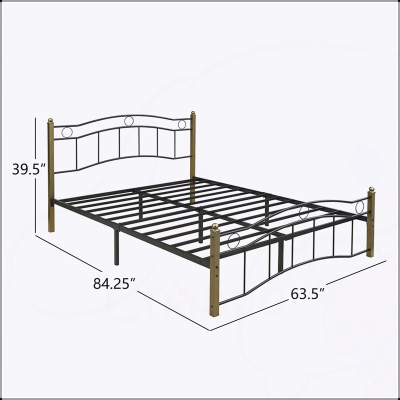 Grand lit en métal avec tête et pied de lit ondulés, noir et doré, combinant design classique et moderne, Grand