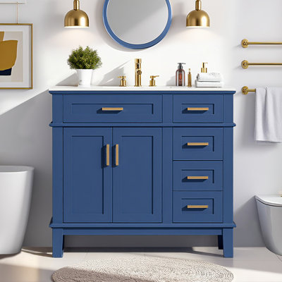 36" Bath Vanity: Ceramic Sink, Soft-Close 4-Drawers for Small Bathrooms