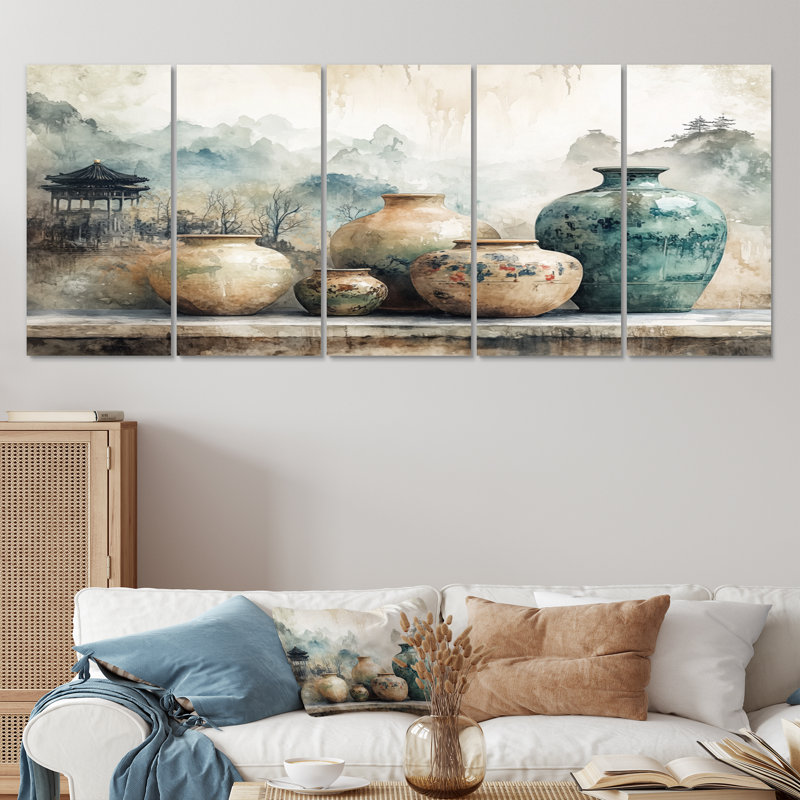 «Blue China and Orange China Pottery Tranquility II - Boho Pottery», ensemble de reproduction d'art mural, H 28 po x l 60 po