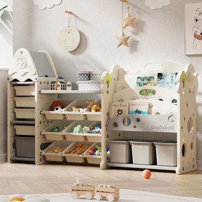 Jameek Kids Toy Storage Organizer with 17 Removable Bins, 4-Tier Bookshelf for Kids, Multi-Purpose Castle-Shaped Toy Organizer by Harriet Bee