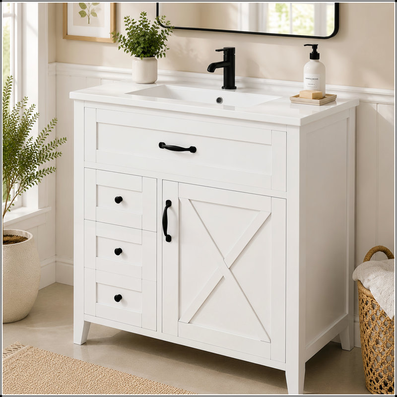 Meuble-lavabo de cuisine sur pied 30 po avec lavabo en céramique, 3 tiroirs, rangement inclinable et barre à serviettes réversible