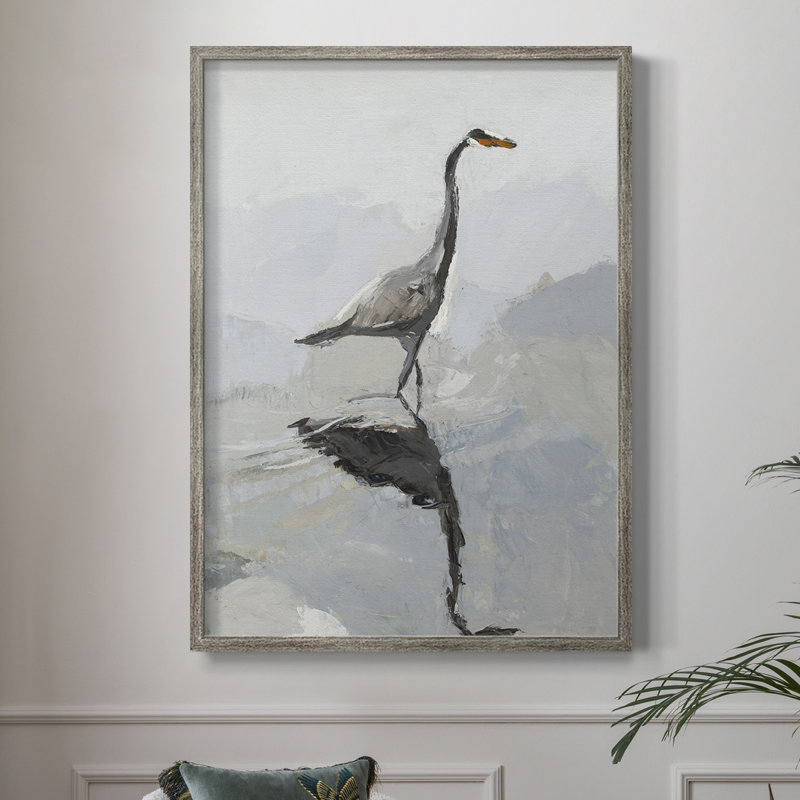 Reproduction encadrée héron - bois massif, H 30 po x l 24 po