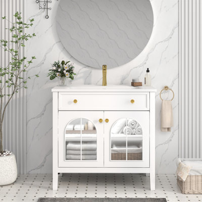 Lavabo de salle de bain 35,6 "Mid-Century avec verre à motif et bande lumineuse à capteur de mouvement