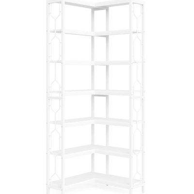 White Nordic 7 , Corner Shelf, Metal And Particle Board, Hexagonal Shape, Side , Maximize Space, Structure, Quick Assembly, 23.36 In Width, Depth, 77.96 Height Shelving, 7, White, Bookcase With Space