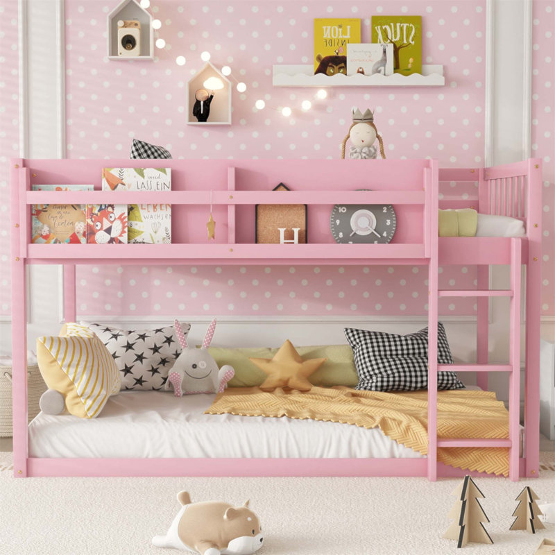 Lit superposé bas simple au-dessus d'un lit simple, lit superposé au sol avec échelle, fabrication en bois massif pour enfants et adolescents, conception compacte et peu encombrante (sans matelas)