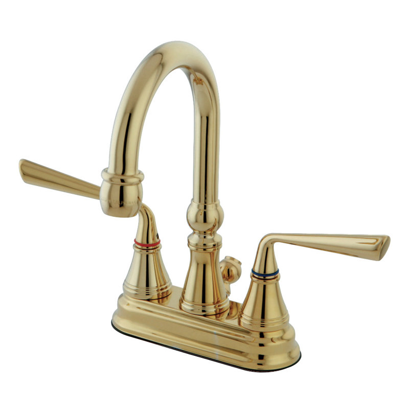 Kingston Brass Silver Sage Two-Handle 3-Hole Deck Mount 4" Centerset Bathroom Faucet with Brass Pop-Up, Polished Brass