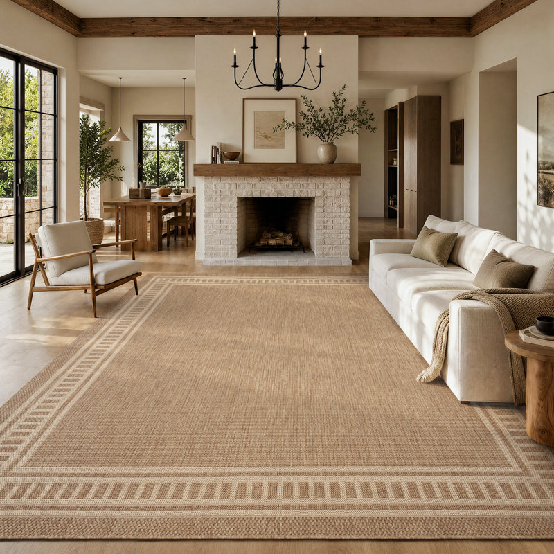 Tapis intérieur/extérieur avec bordure géométrique moderne, Rectangle 5' x 7'