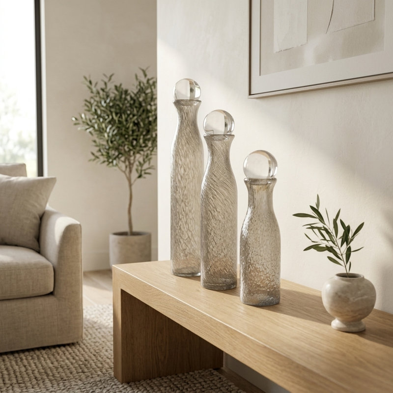 Contemporary Lidded Glass Bottle Vases Home Decor - Cylindrical Tall Flower Vase for Living Room or Bedroom Display - Set of 3, 22", 19", 14", Gray