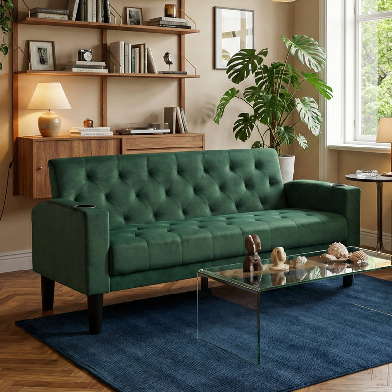 Sofa Seats Modern Style Comfy Small Sofa with Pocket Storage 2 USB 2 Cup Holders Upholstered Couch for Living Room Bedroom Office