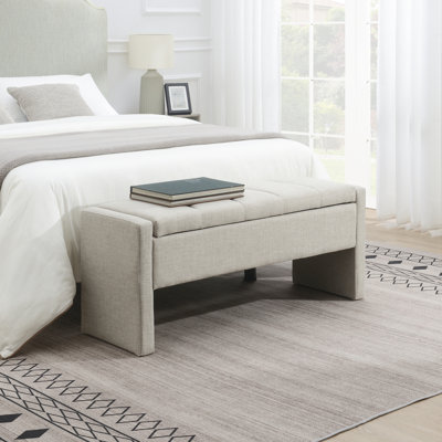 Banc de bout de lit moderne avec rangement, grand tabouret de repose-pieds rembourré, banc de meuble-lavabo de fenêtre confortable pour salon, chambre à coucher, dortoir, table basse, lin gris clair