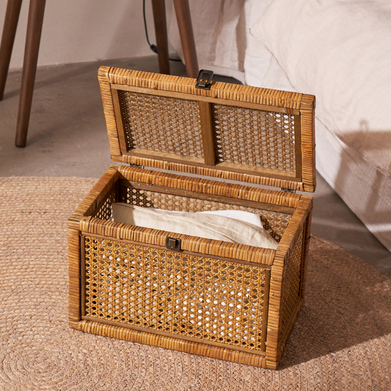 Natural Rattan Storage Box Set of 3, Decorative Woven Chest Trunks with Latch Closures